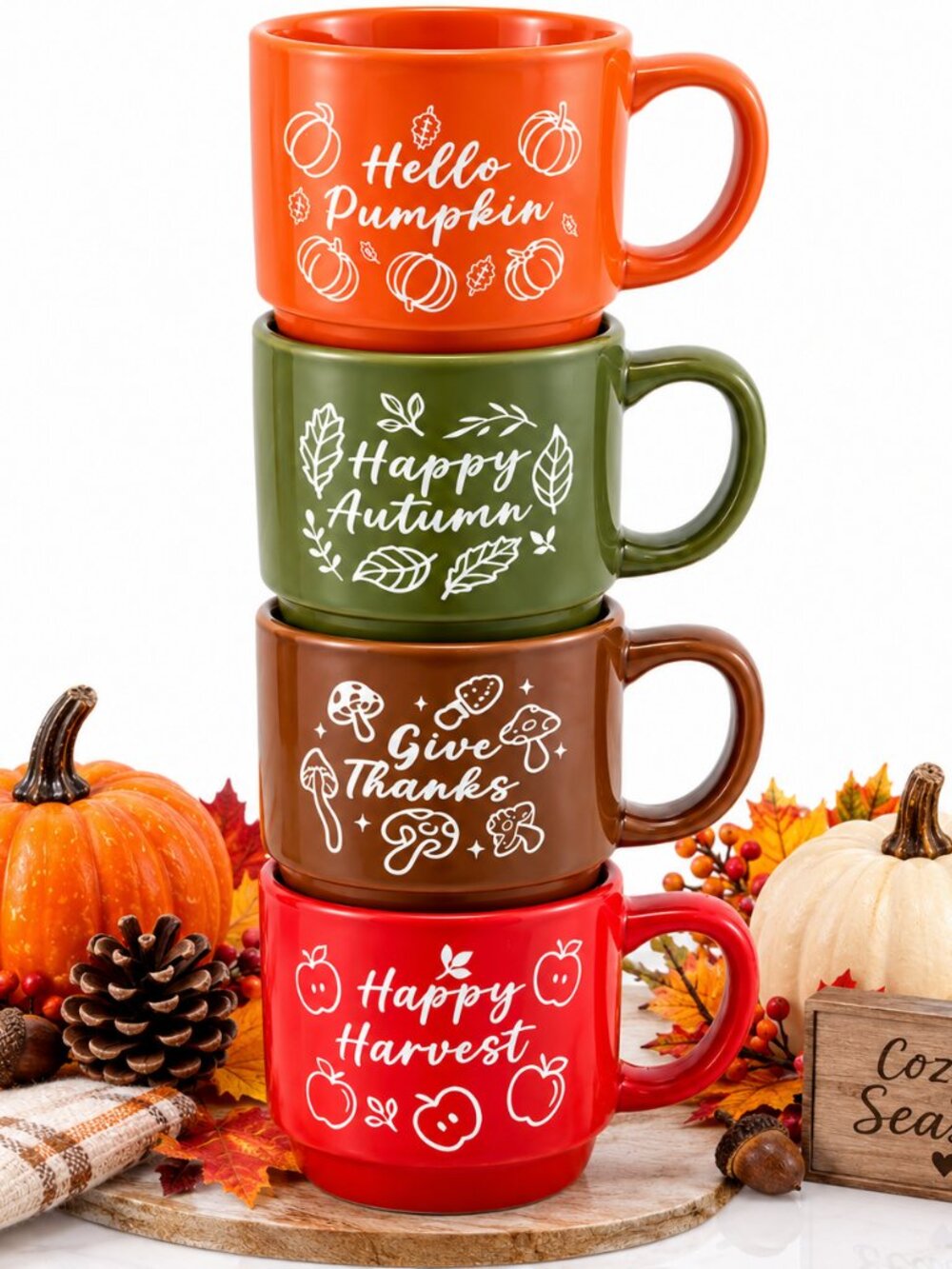 4-Piece Fall Coffee Mug Set – Hello Pumpkin, Autumn, Harvest & Give Thanks Cups